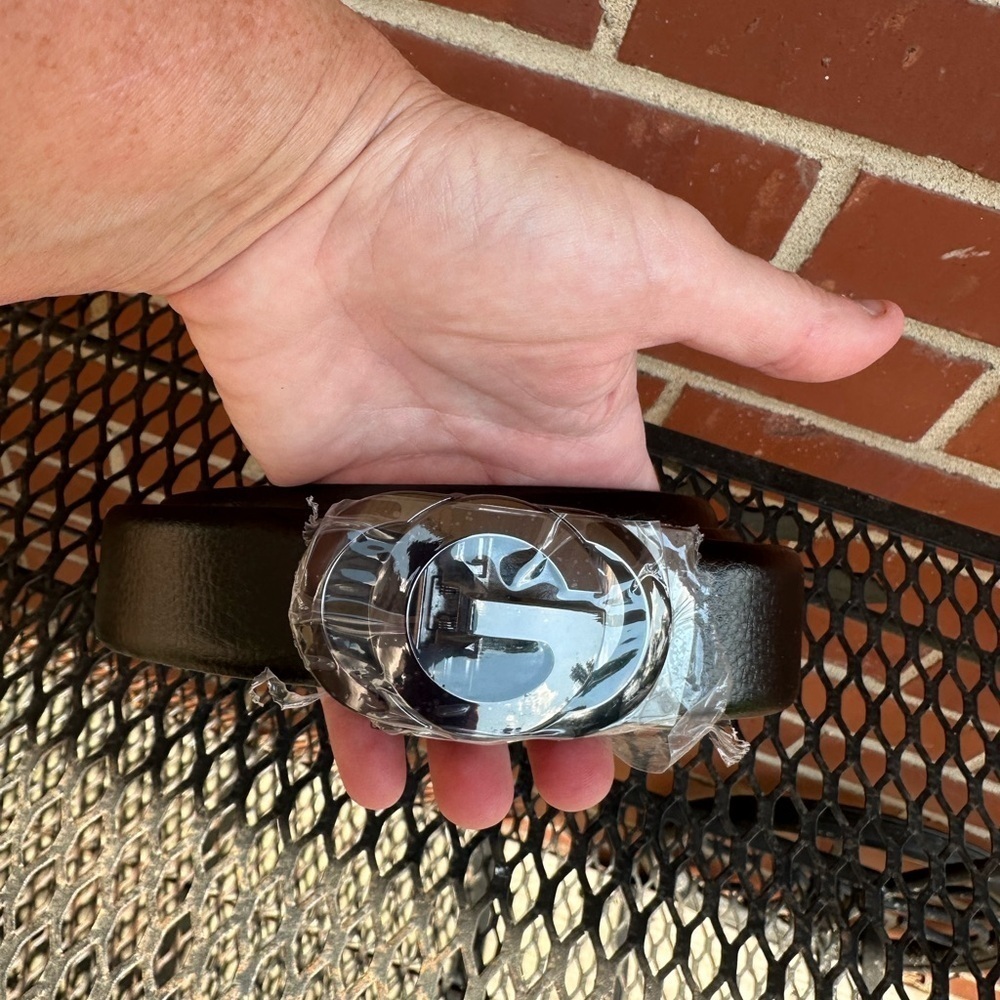 Black Leather Belt with silver metal Buckle. Unisex. GO DAWGS